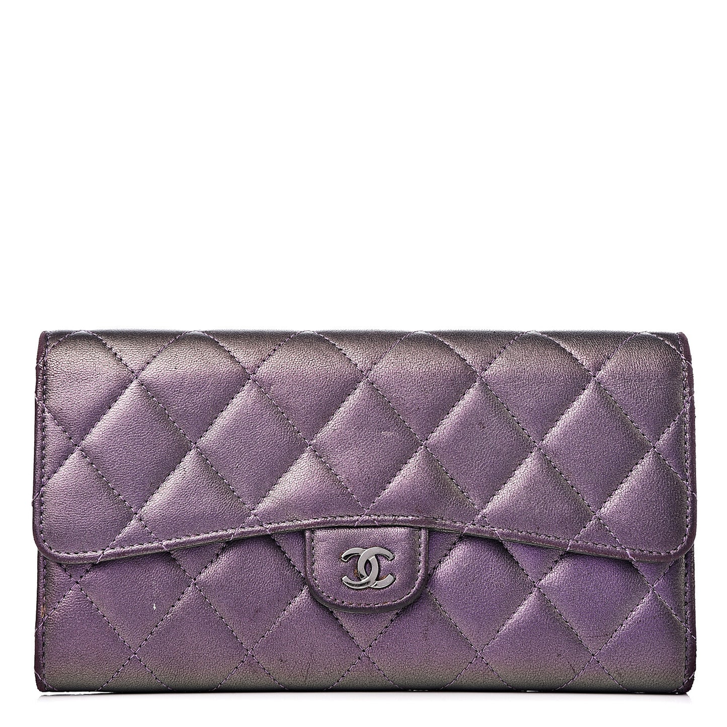 Iridescent Lambskin Quilted Large Gusset Flap Wallet Purple