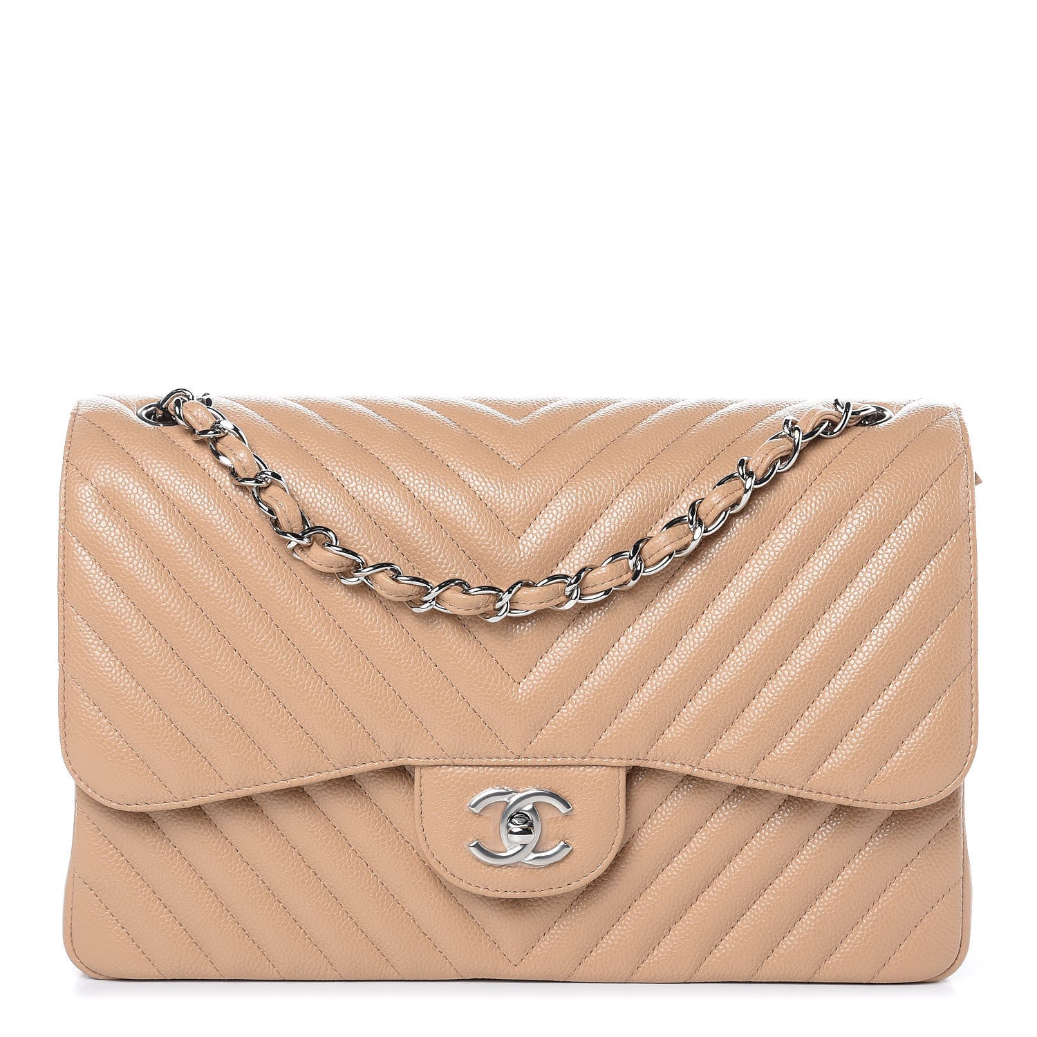 Chanel Caviar Chevron Quilted Jumbo Double Flap Beige 1 of 9