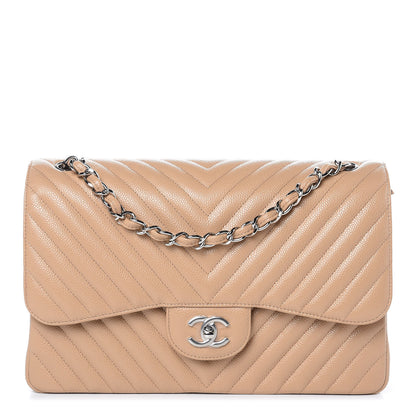 Chanel Caviar Chevron Quilted Jumbo Double Flap Beige 1 of 9