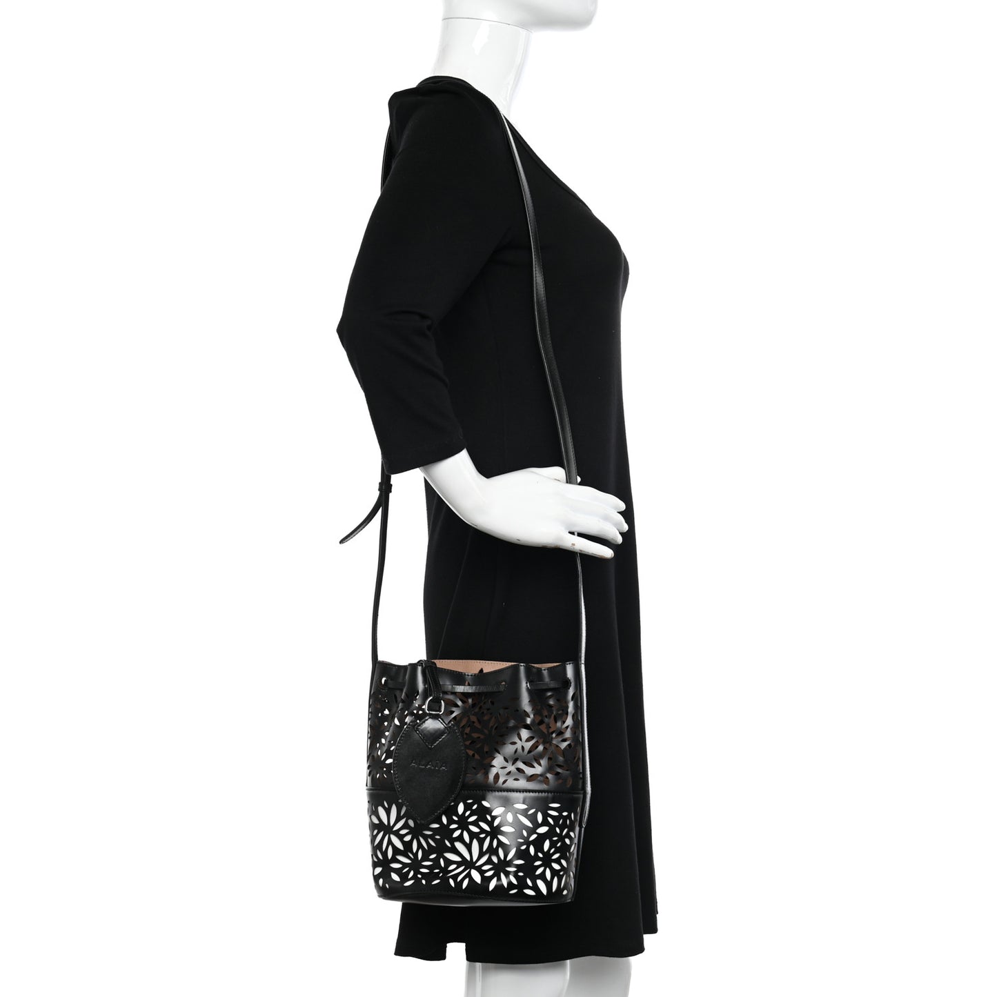 Calfskin Laser Cut Bucket Bag Black