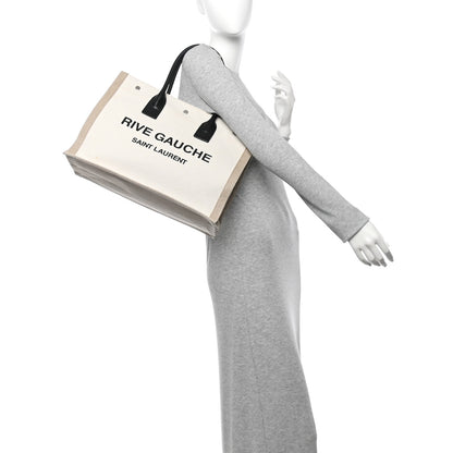 Saint Laurent Linen Calfskin Small Rive Gauche Tote Greggio Natural 2 of 11