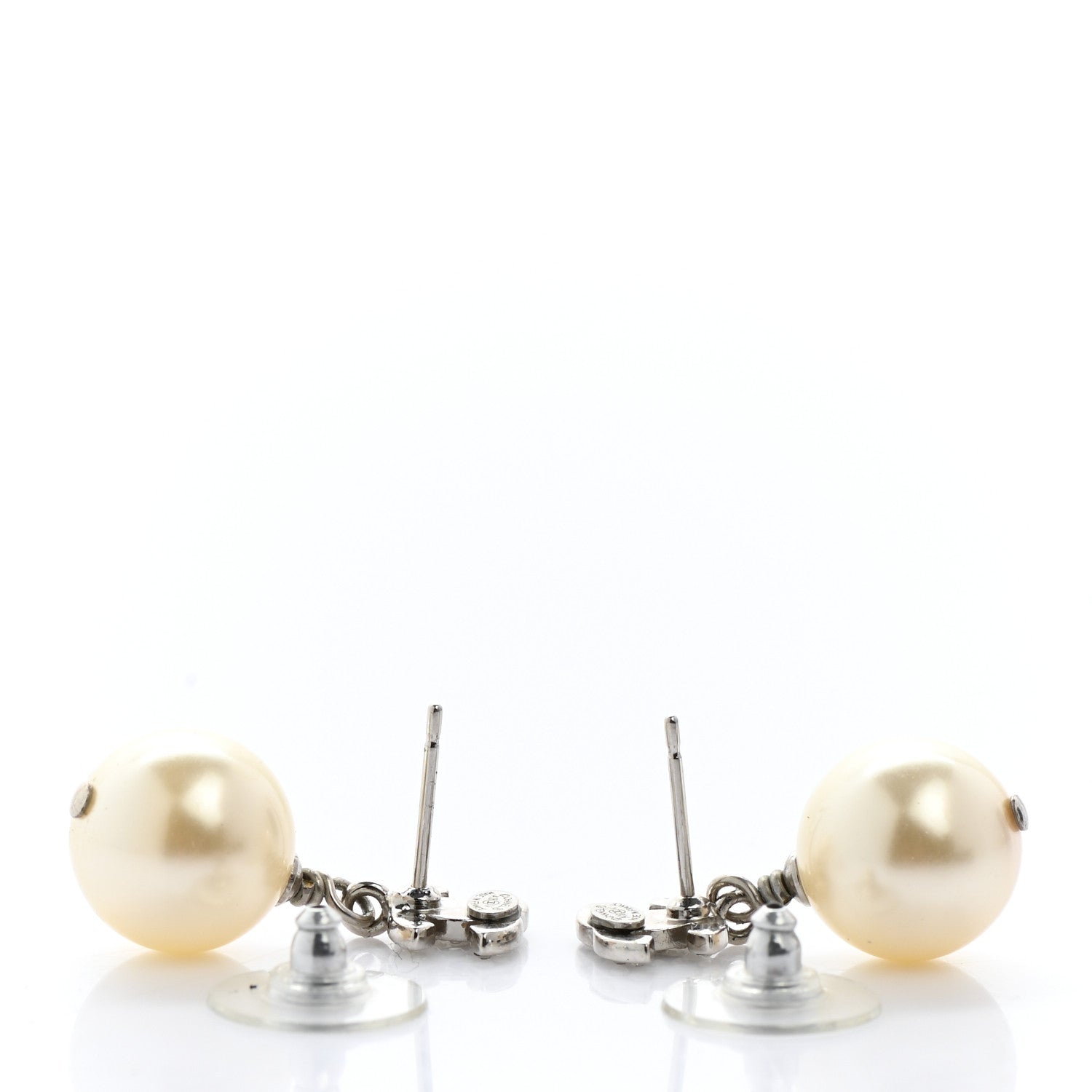 Chanel Crystal Pearl CC Drop Earrings Silver Pearly White 3 of 5