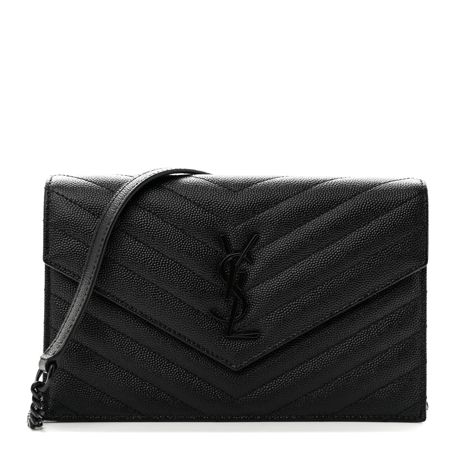 Saint Laurent Grain De Poudre Matelasse Chevron Monochrome Monogam Envelope Chain Wallet Black 1 of 11