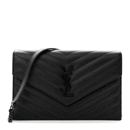Saint Laurent Grain De Poudre Matelasse Chevron Monochrome Monogam Envelope Chain Wallet Black 1 of 11