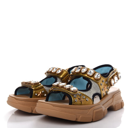 Gucci Silk Calfskin Mesh Crystal Embellished Studded Womens Aguru Sandals 38.5 Gold 3 of 10