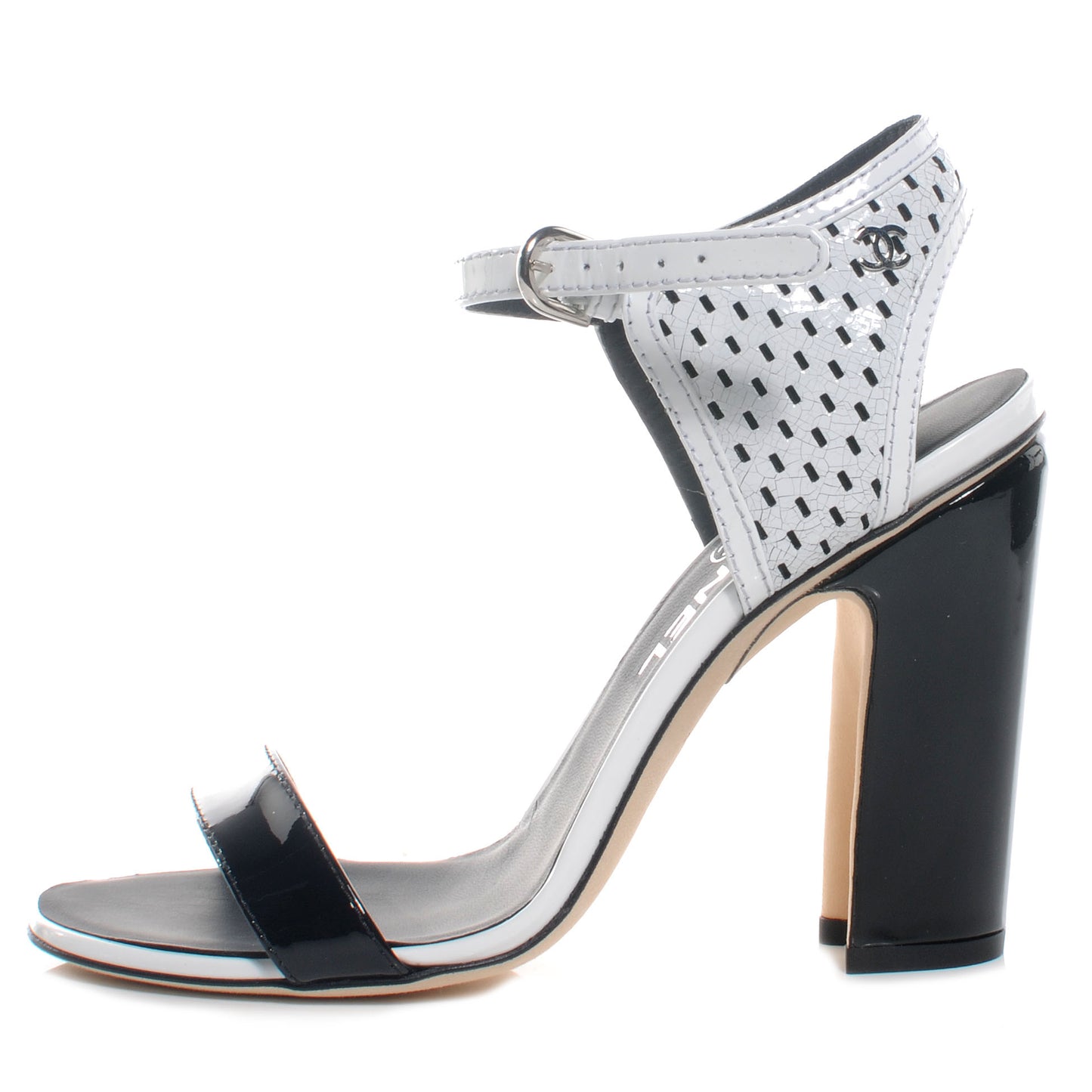 Perforated Crackled Patent Calfskin Sandals Heels White 37 Black