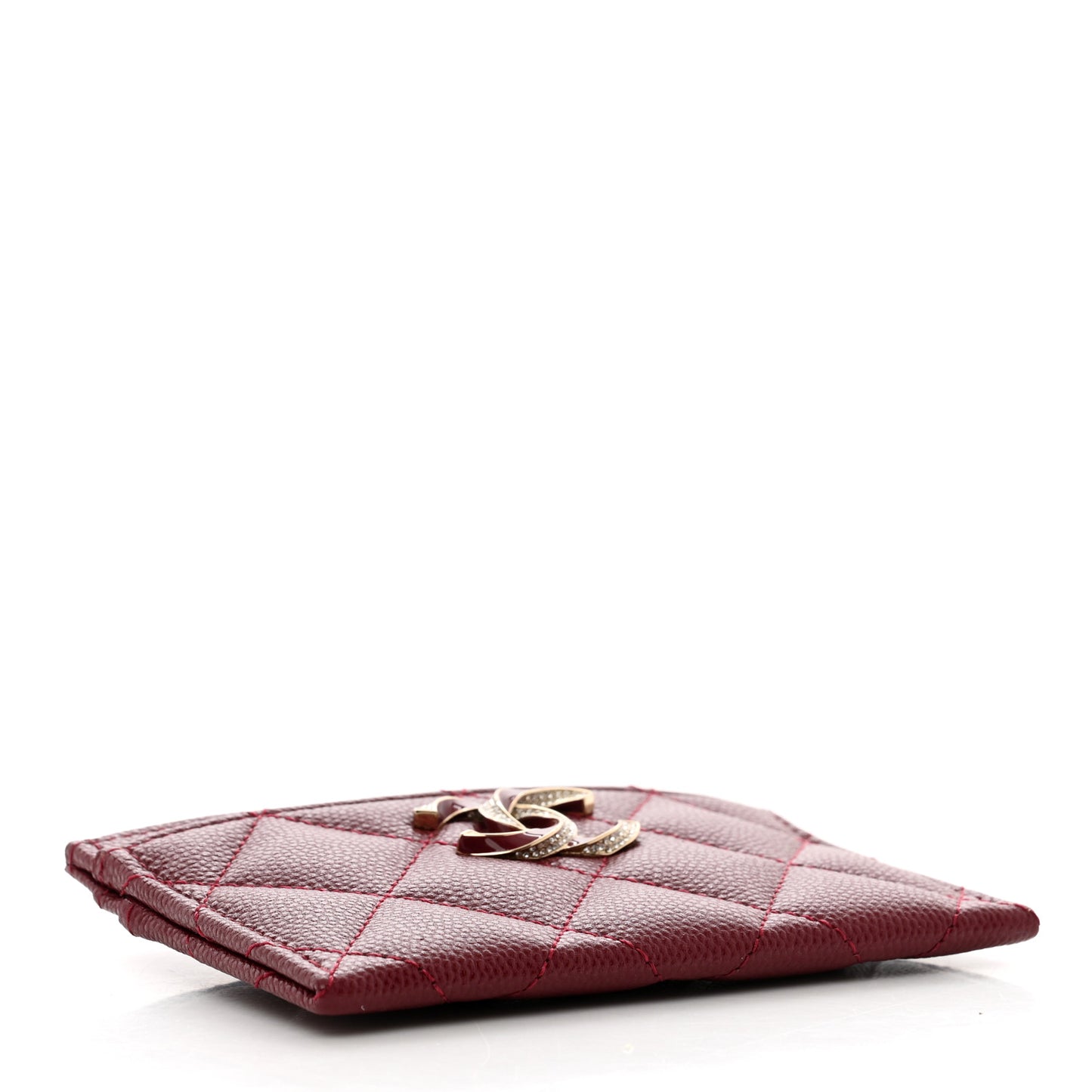 Caviar Quilted Crystal Enamel CC Card Holder Burgundy
