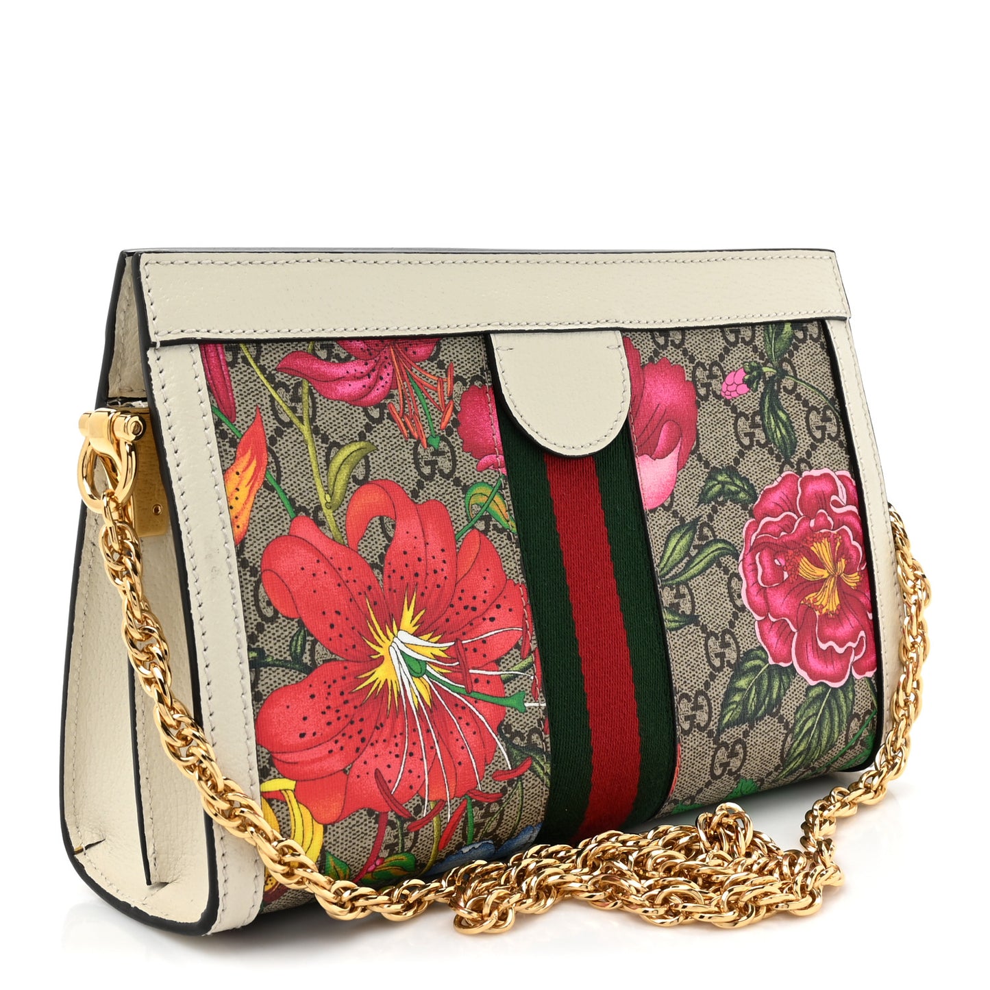 GG Supreme Monogram Flora Web Small Ophidia Chain Shoulder Bag White