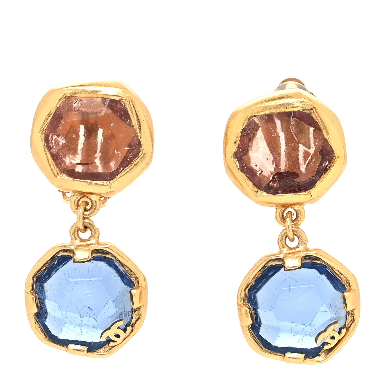 Chanel Gripoix Clip On Earrings Blue Brown Gold 1 of 4