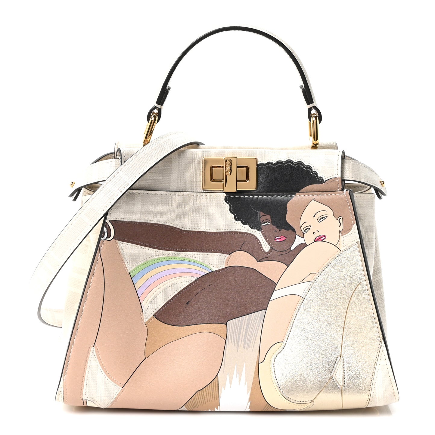 Glazed Fabric Nappa FF Disco Girls Inlay Mini Peekaboo Iconic Satchel Bianco Perla Multicolor