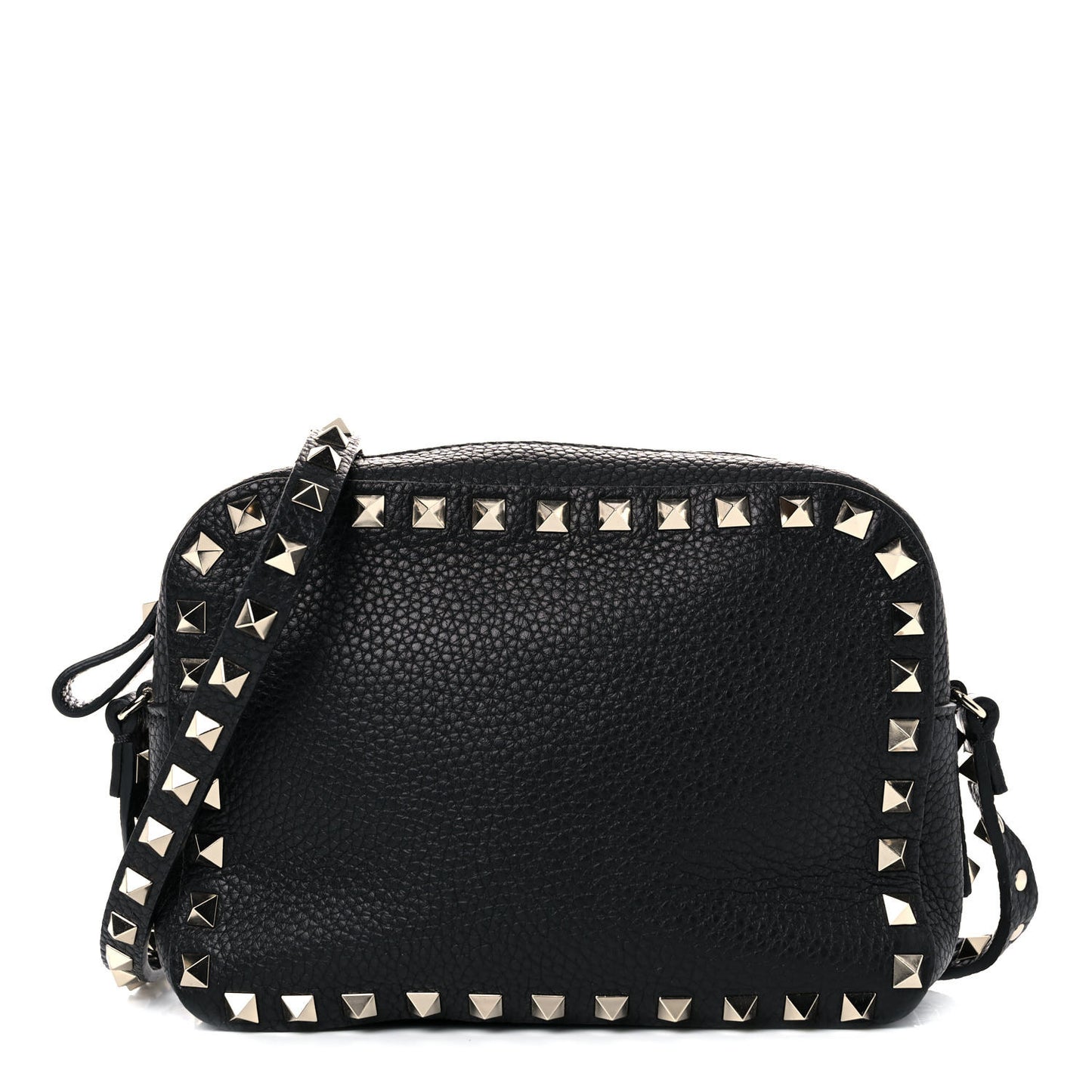 Pebbled Calfskin Rockstud Camera Crossbody Bag Black