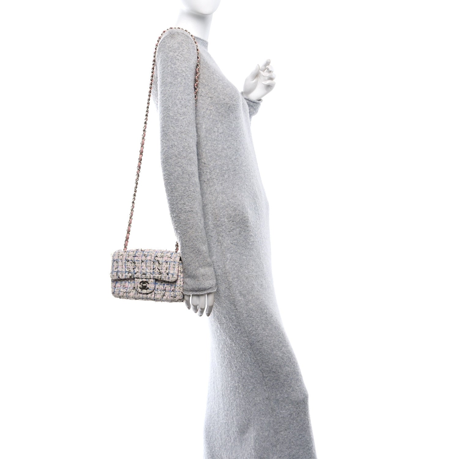 Chanel Tweed Quilted Mini Rectangular Flap Light Blue Pink Gold White 2 of 10