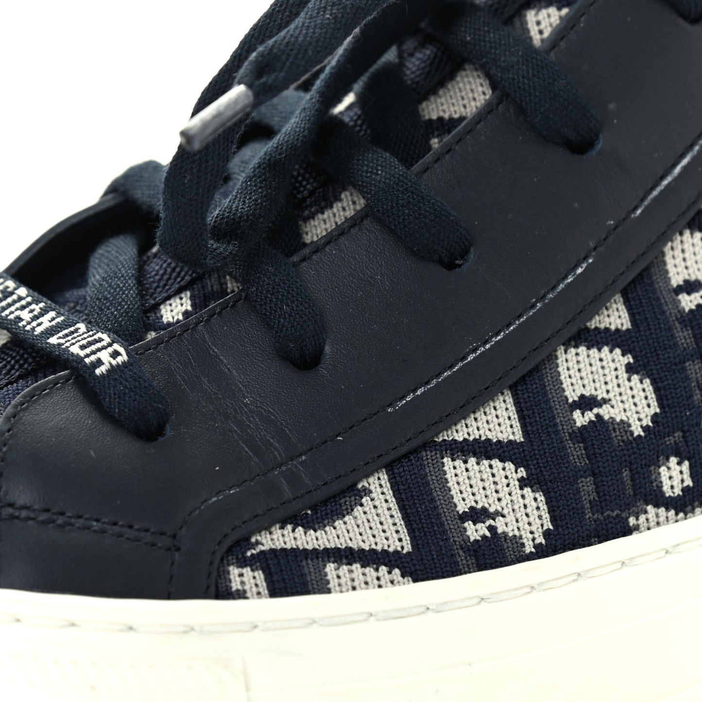 Technical Knit Calfskin Oblique Womens Walk'n Dior Mid Top Sneakers 38.5 Deep Blue