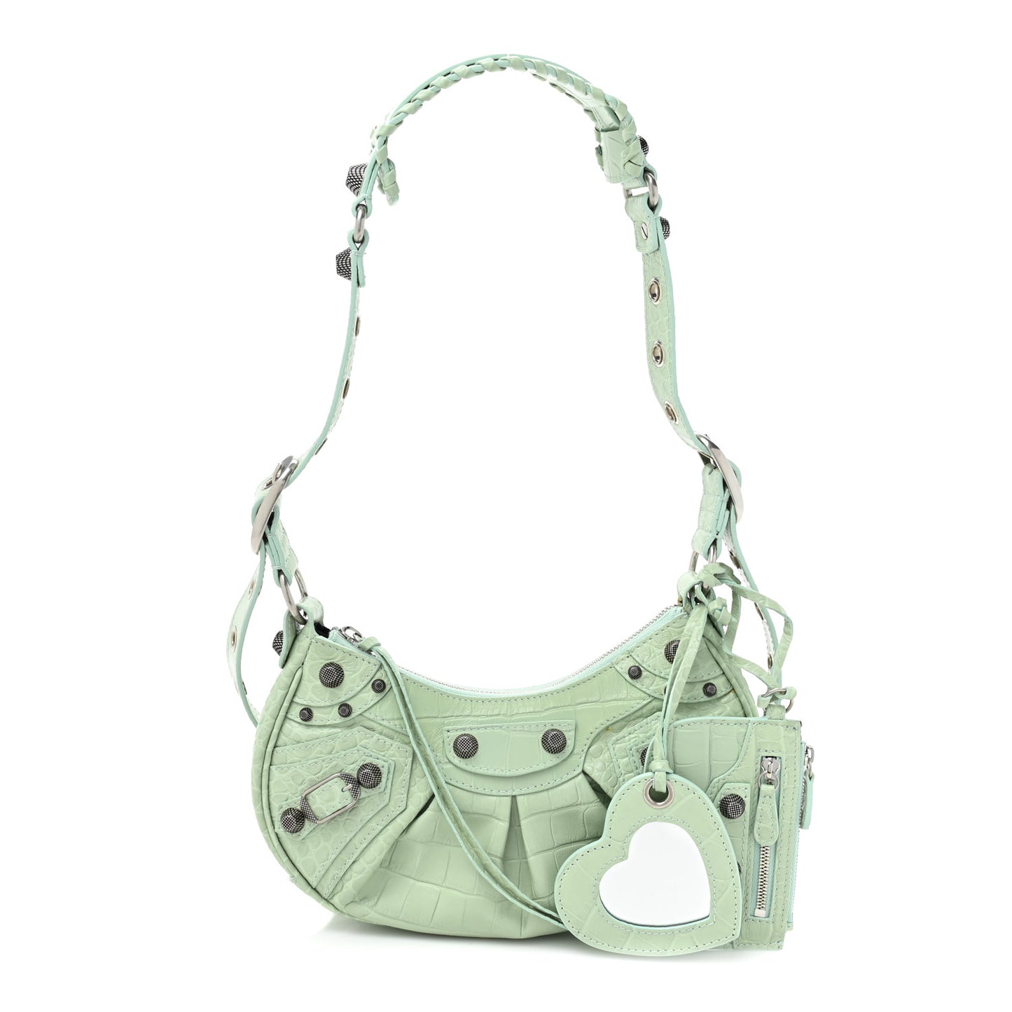 Extra Supple Calfskin Crocodile Embossed Le Cagole Shoulder Bag XS Light Green