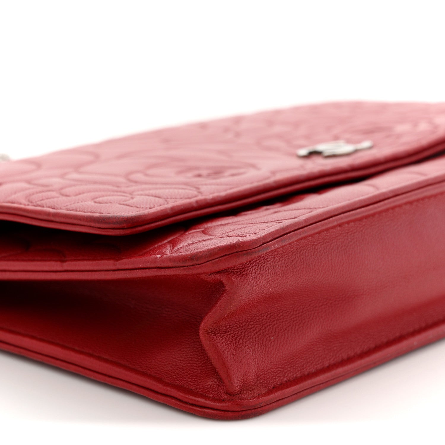 Chanel Lambskin Camellia Embossed Wallet On Chain WOC Red 9 of 12