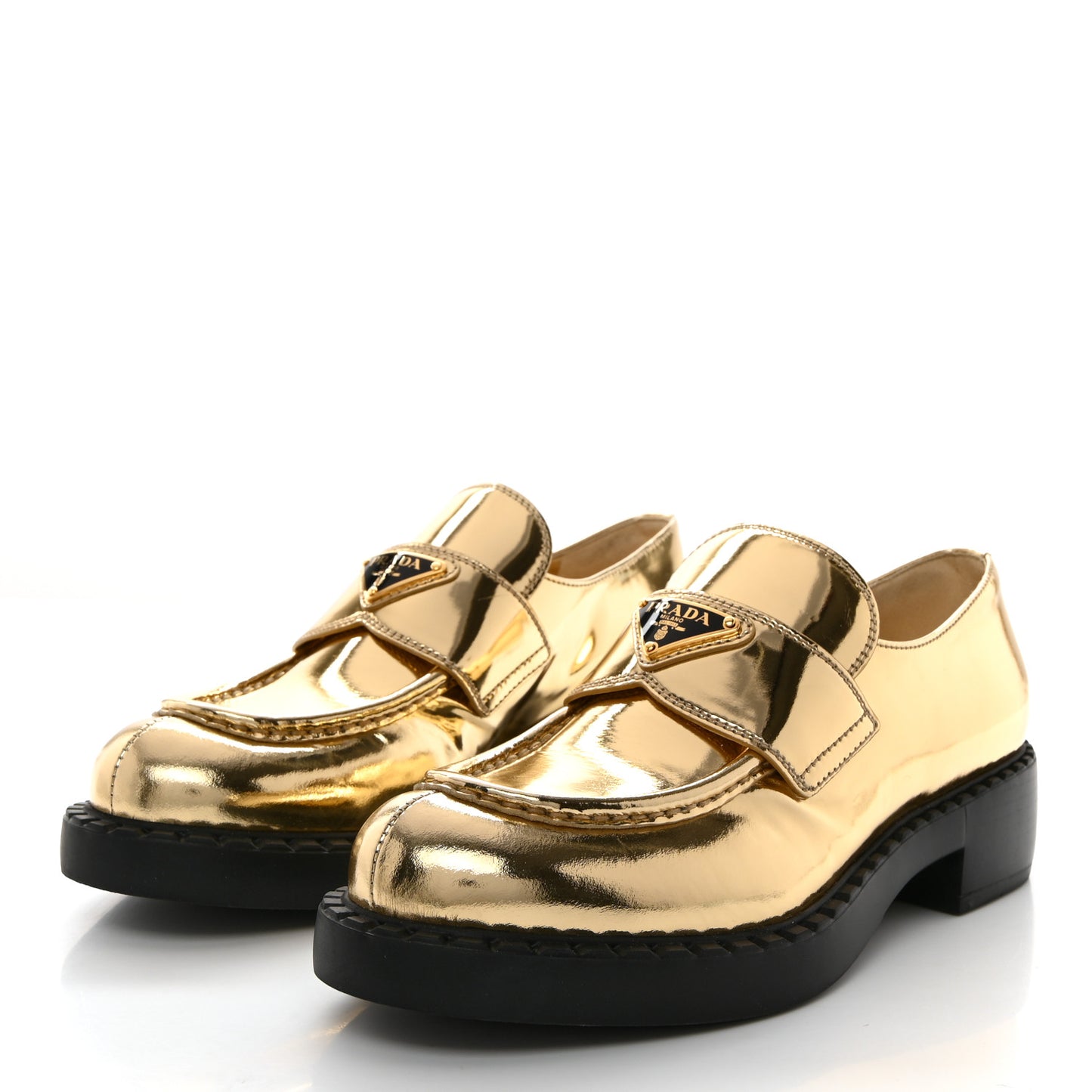 Metallic Brushed Calfskin Metal Triangle Logo 50mm Loafers 40 Platino