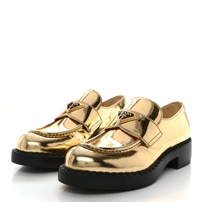 Prada Metallic Brushed Calfskin Metal Triangle Logo 50mm Loafers 40 Platino 3 of 9