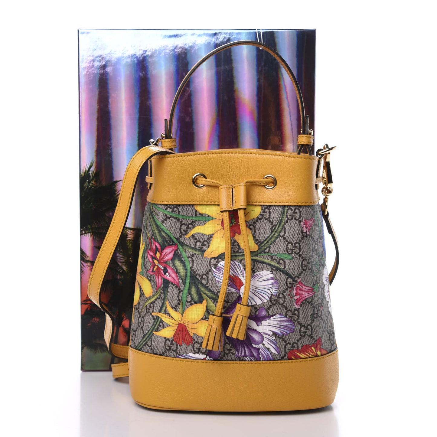 GG Supreme Monogram Flora Small Ophidia Bucket Bag Beige Multicolor Crop