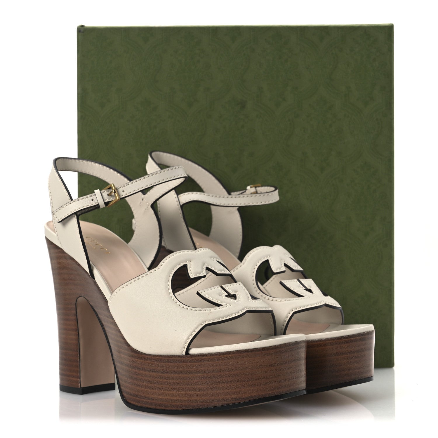 Gucci Cosmos Softy Calfskin Wooden Interlocking G Cut-Out 30/120mm Platform Sandals 40 Mystic White 12 of 12