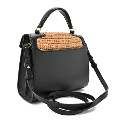 Saint Laurent Raffia Calfskin Mini Classic Monogram Cassandra Top Handle Black Natural 2 of 9