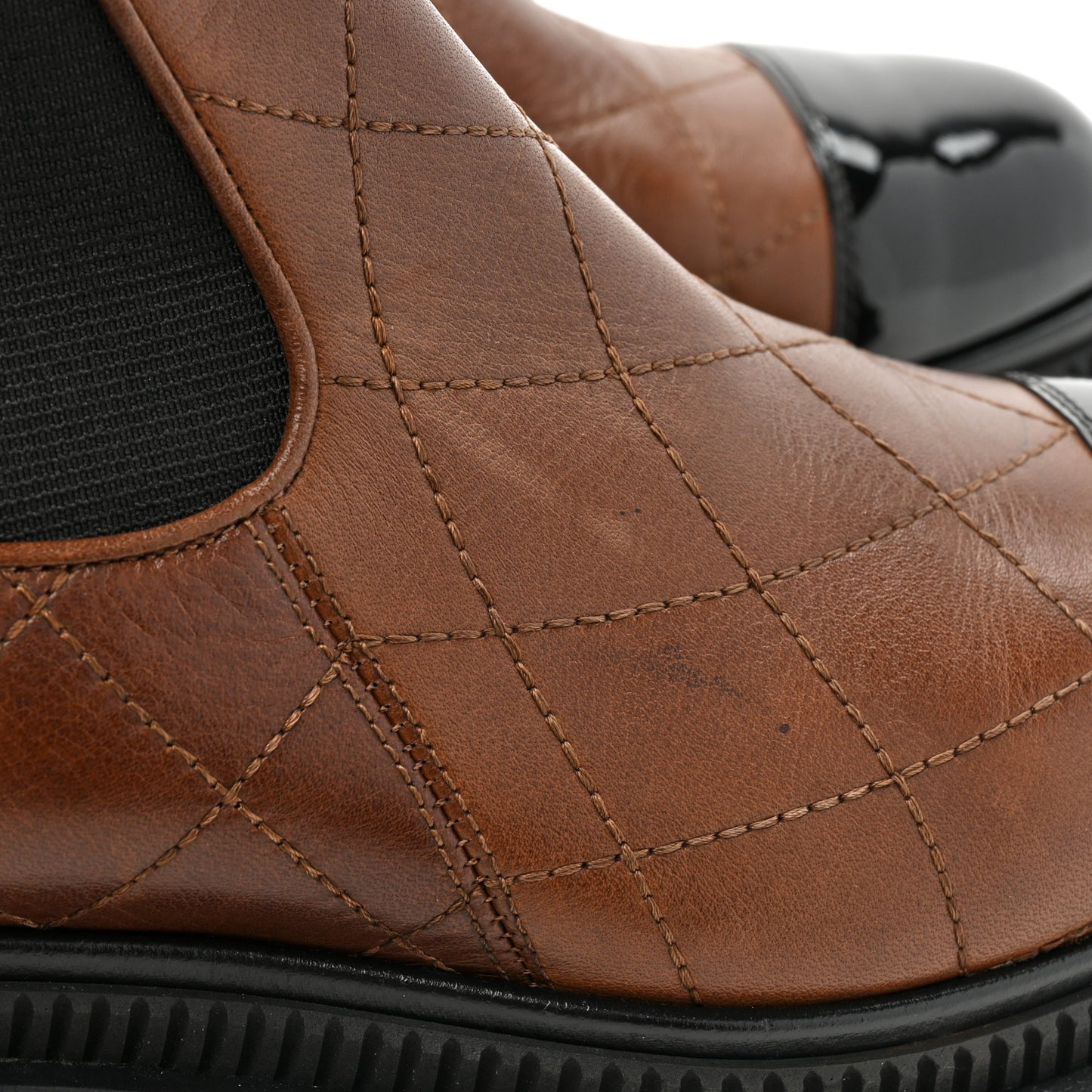 Calfskin Patent Cap Toe Quilted Short Boots 39.5 Brown Black