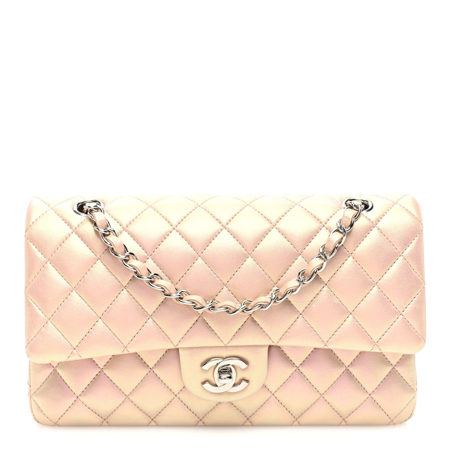 Iridescent Calfskin Quilted Medium Double Flap Pink
