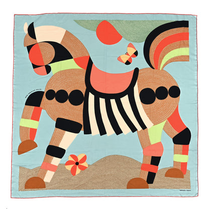 Hermes Cashmere Silk Mon Premier Galop Shawl 140 Bleu Glacier Corail Black 1 of 3