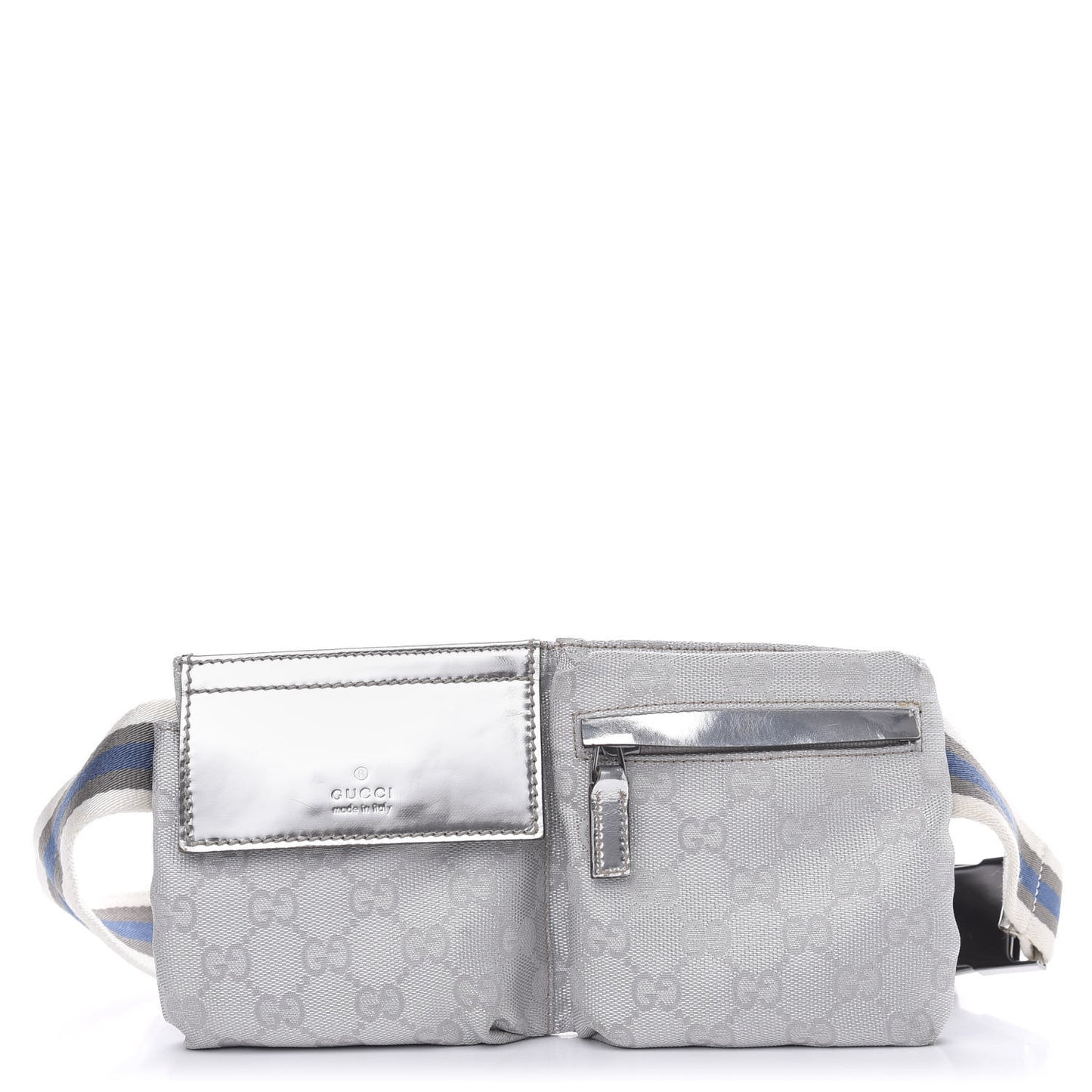 GG Monogram Web Double Pocket Belt Bag Silver