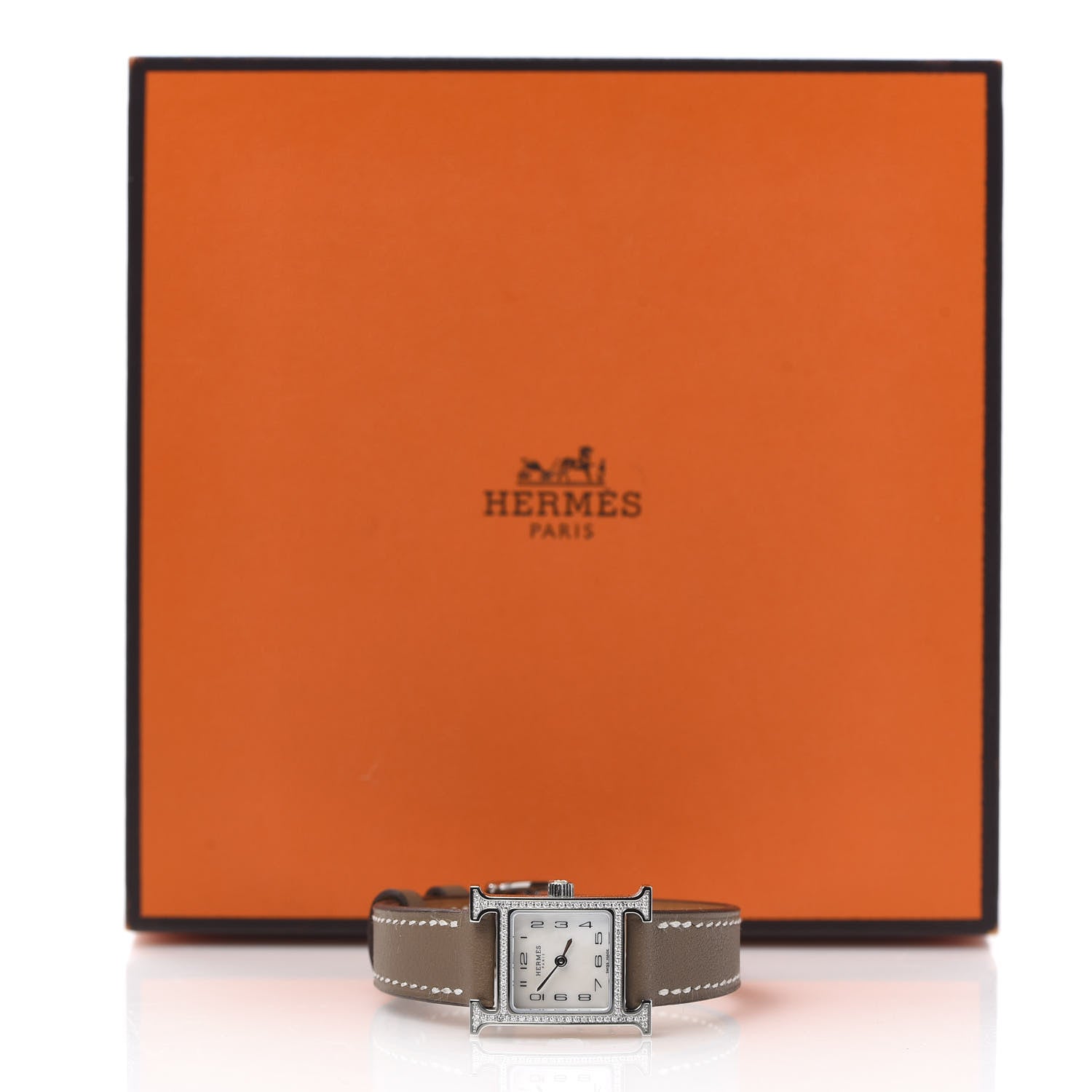 Hermes Stainless Steel Swift Diamond Bezel Mother of Pearl 17.2mm Heure H Hour Quartz Watch Etoupe 7 of 7