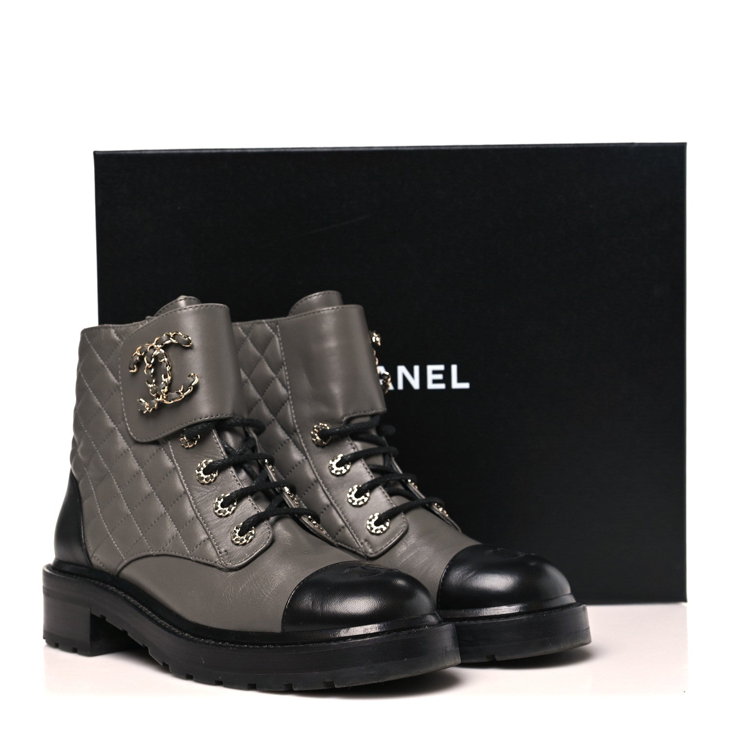 Chanel Shiny Lambskin Quilted Lace Up Combat Boots 39.5 Grey Black 10 of 10