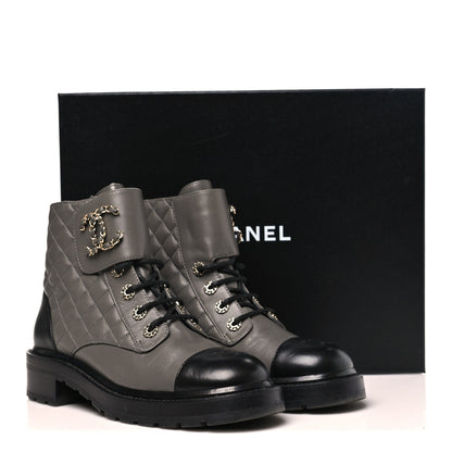 Chanel Shiny Lambskin Quilted Lace Up Combat Boots 39.5 Grey Black 10 of 10