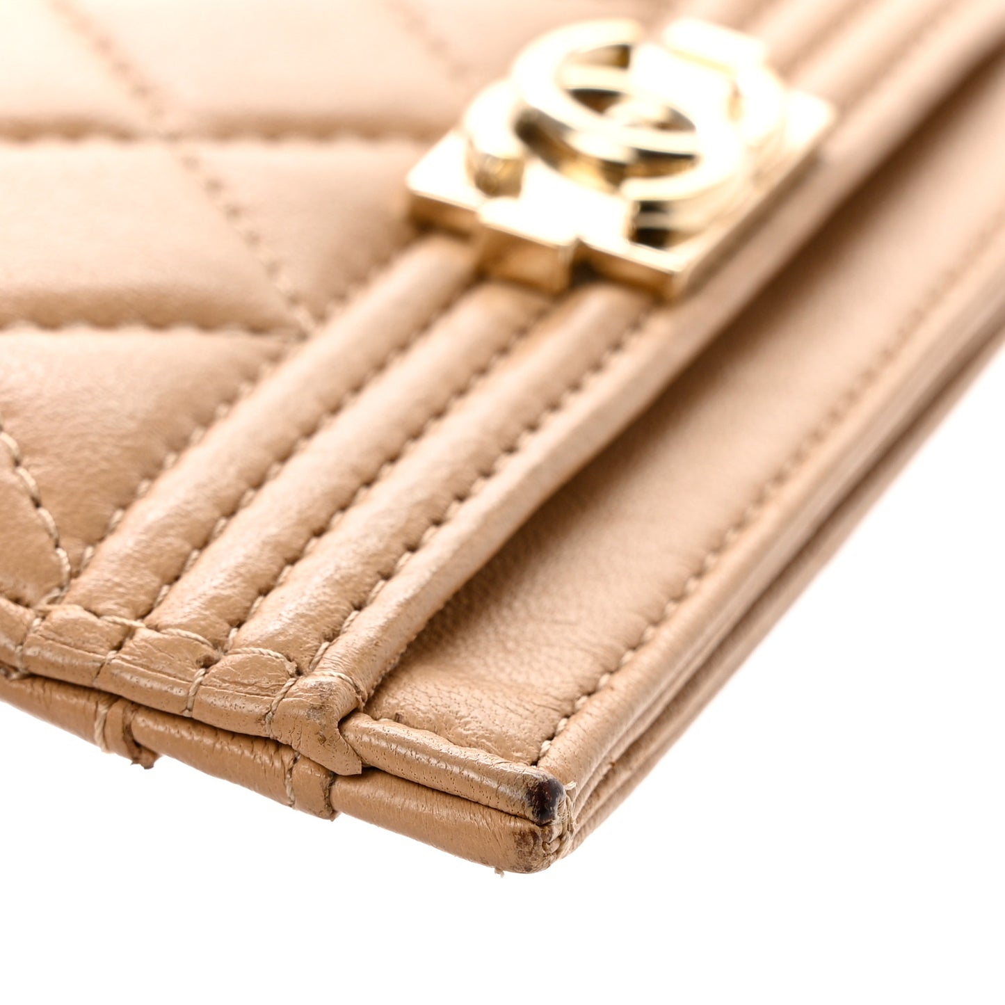 Lambskin Quilted Boy Card Holder Beige