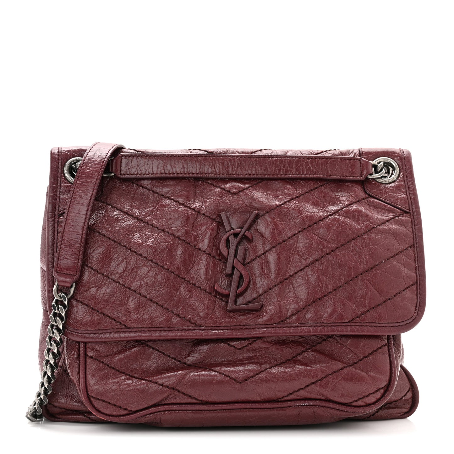 Crinkled Calfskin Matelasse Monogram Medium Niki Chain Satchel Burgundy
