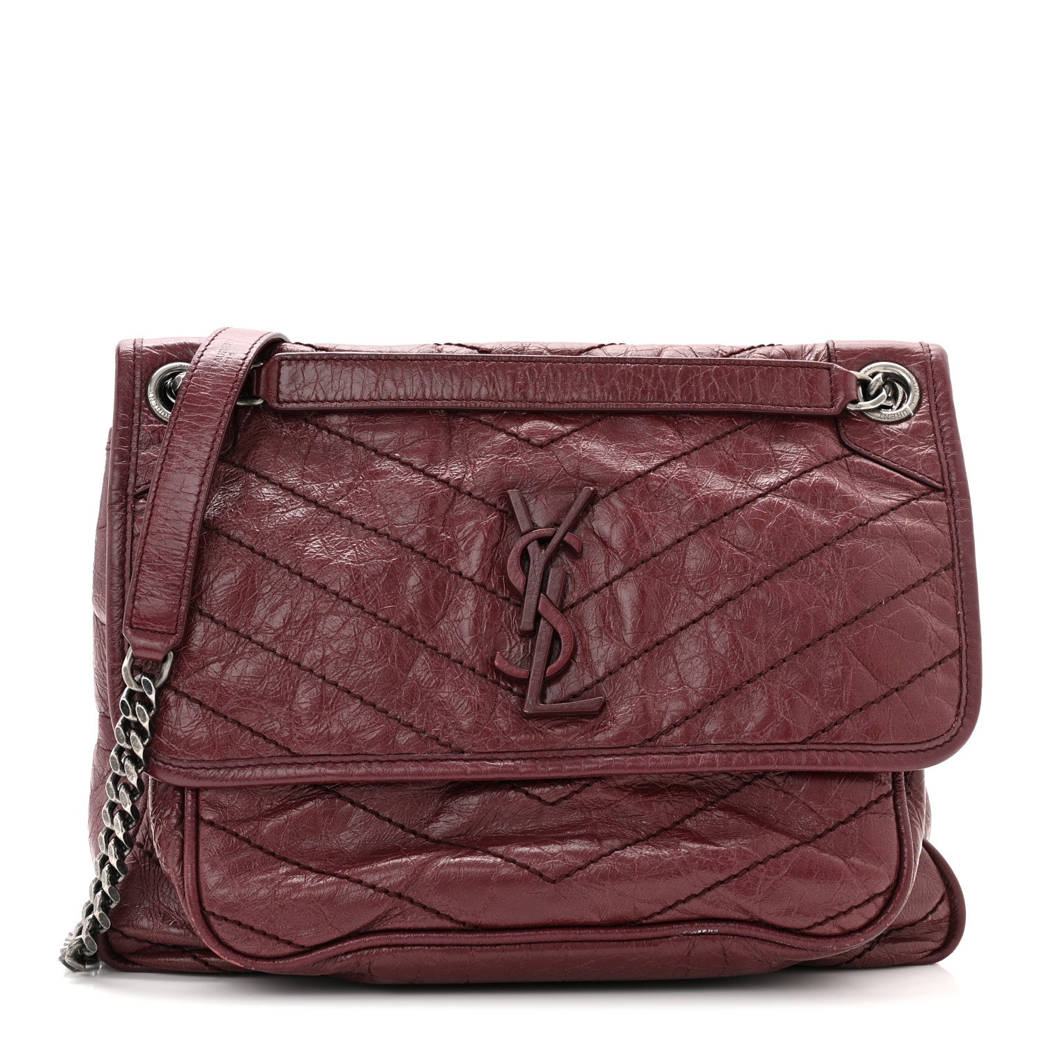 Saint Laurent Crinkled Calfskin Matelasse Monogram Medium Niki Chain Satchel Burgundy 1 of 11