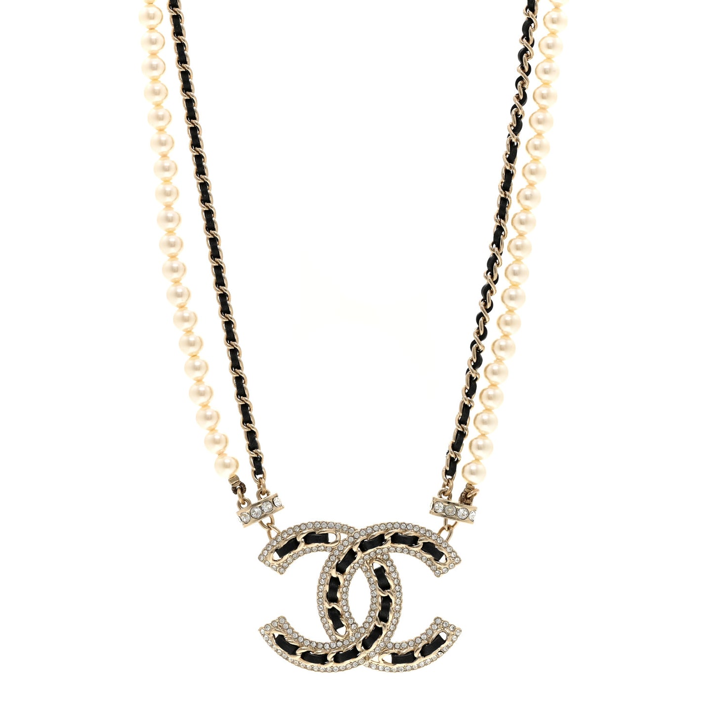 Crystal Pearl Lambskin CC Chain Choker Gold Black