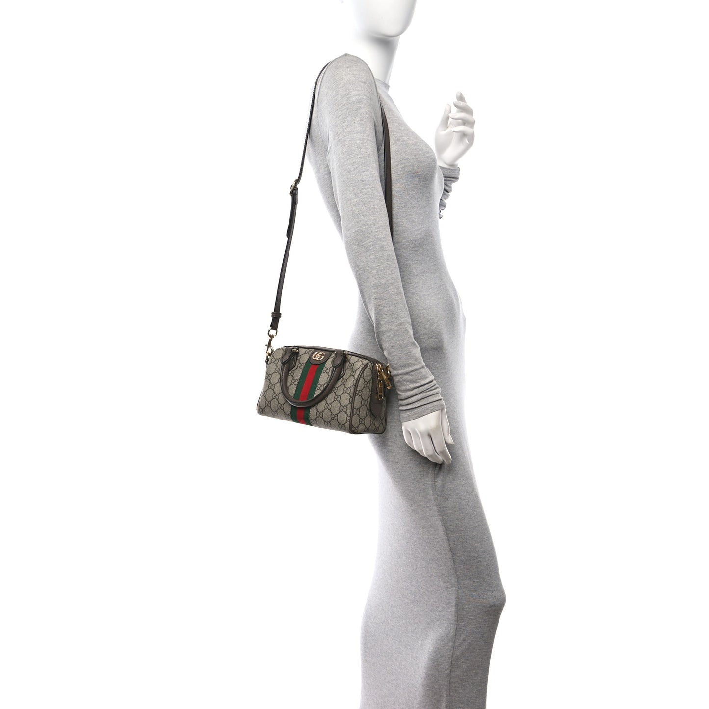 GG Supreme Monogram Textured Dollar Calfskin Web Mini Ophidia Top Handle Bag Beige Ebony New Acero
