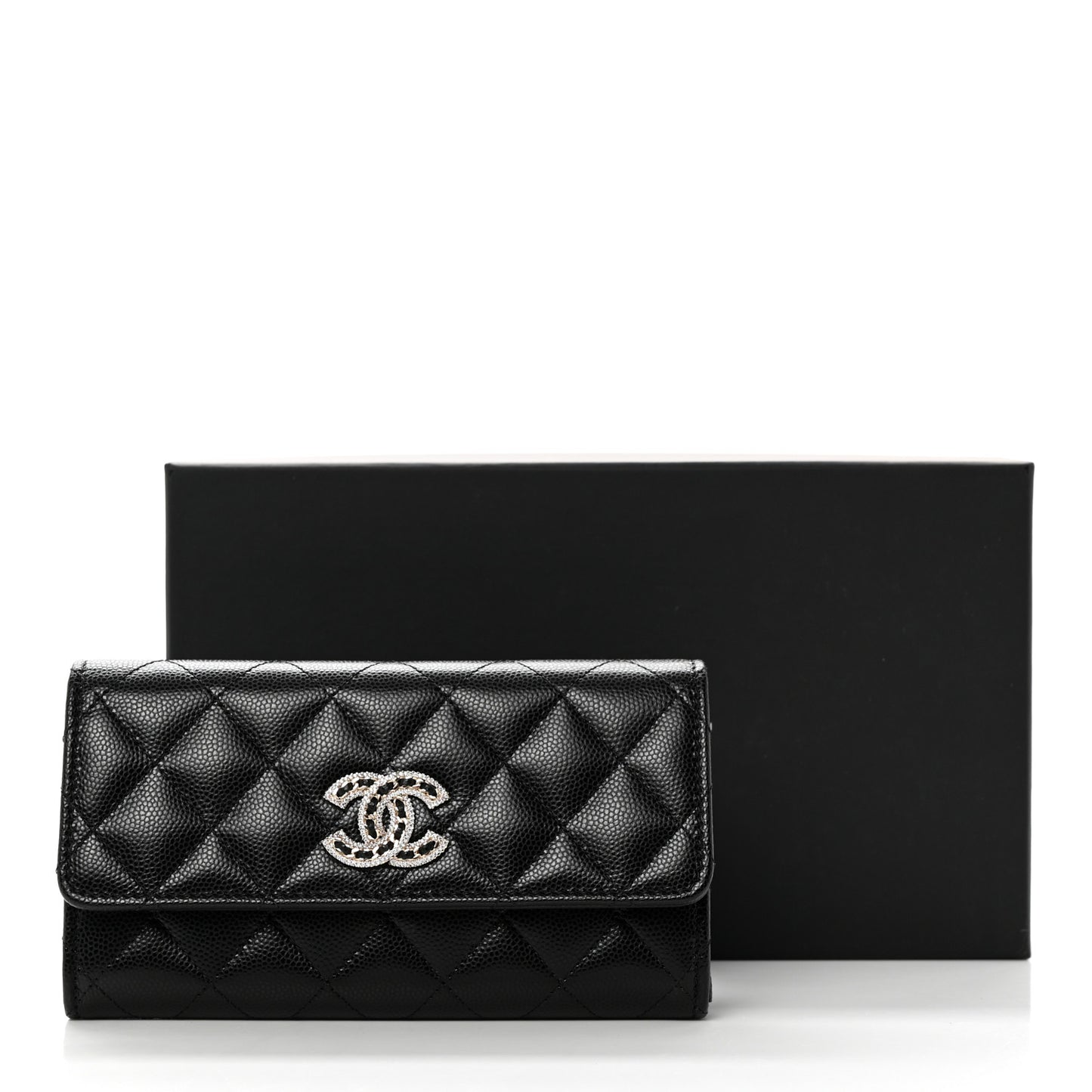 Caviar Quilted Crystal CC Large Gusset Flap Wallet Black