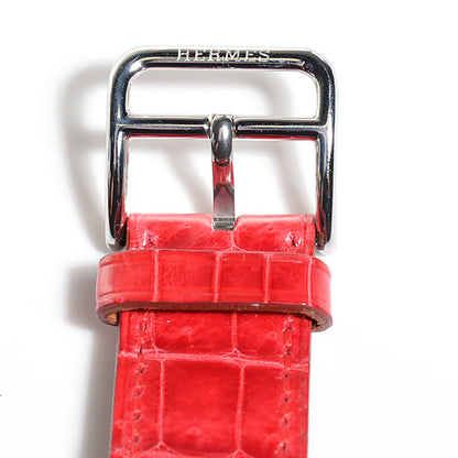 Hermes Shiny Porosus Crocodile 26mm SS Belt Quartz Watch Noir and Rouge Vif 5 of 13