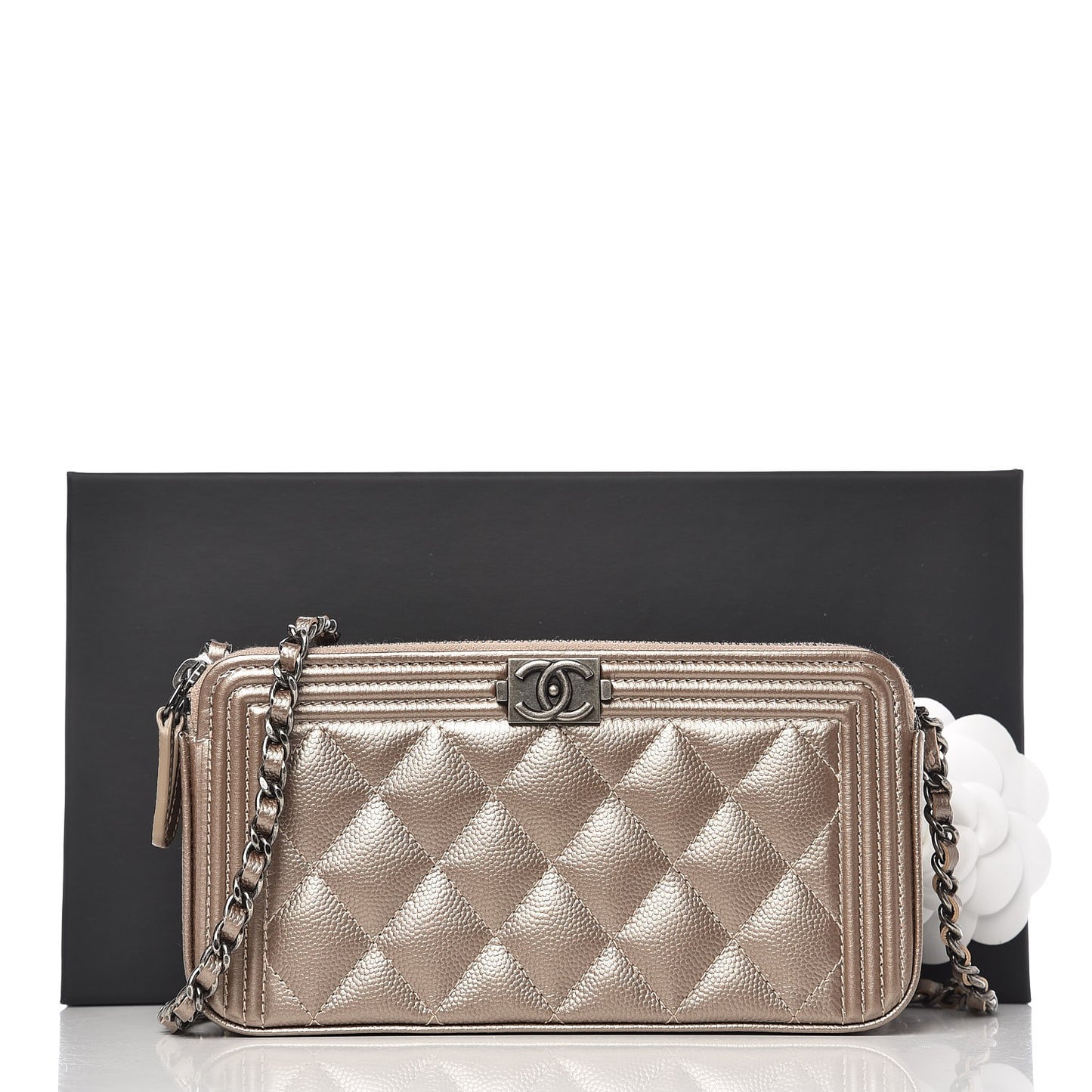 Metallic Caviar Quilted Small Boy Clutch With Chain Copper