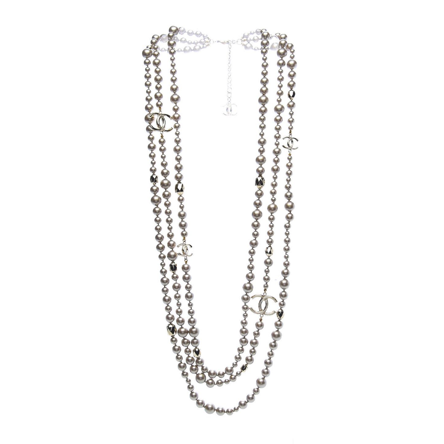 Pearl Crystal CC Triple Strand Necklace Light Gold