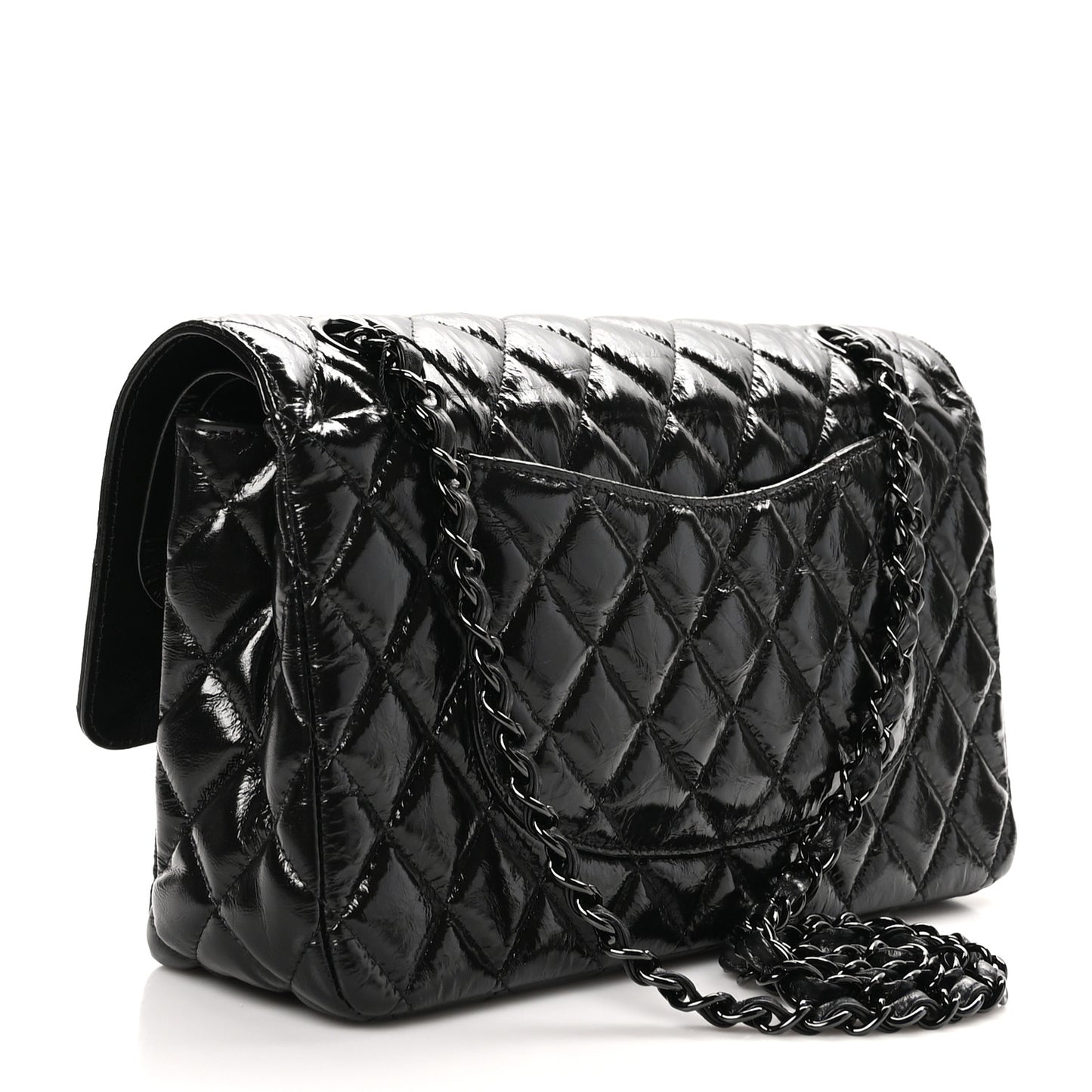Shiny Crumpled Calfskin Quilted Medium Double Flap So Black