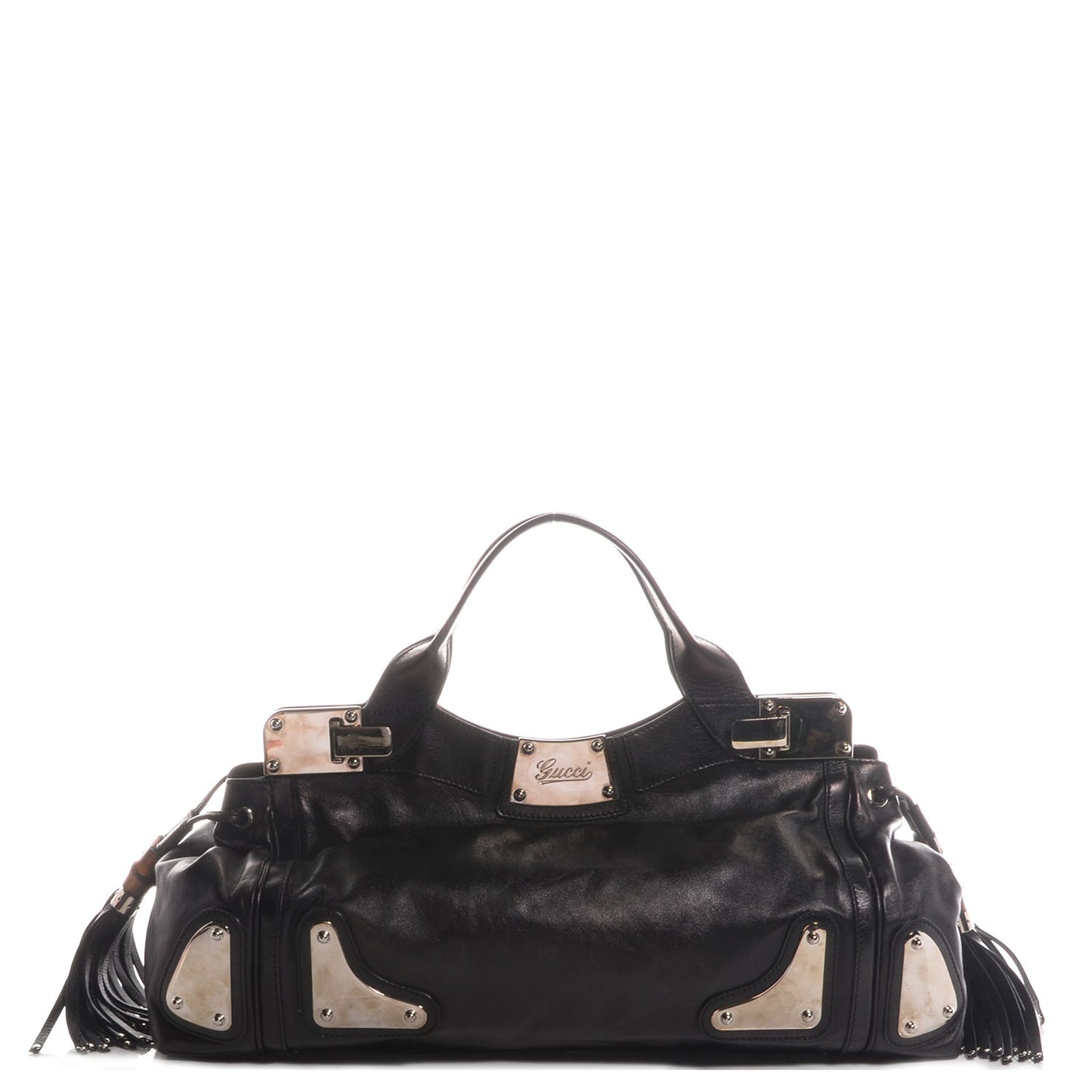 Leather Medium Race Bamboo Tassel Tote Black