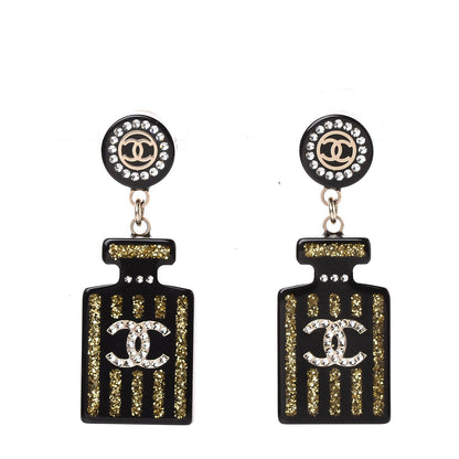 Chanel Resin Strass Perfume Bottle CC Earrings Black Gold 1 of 5
