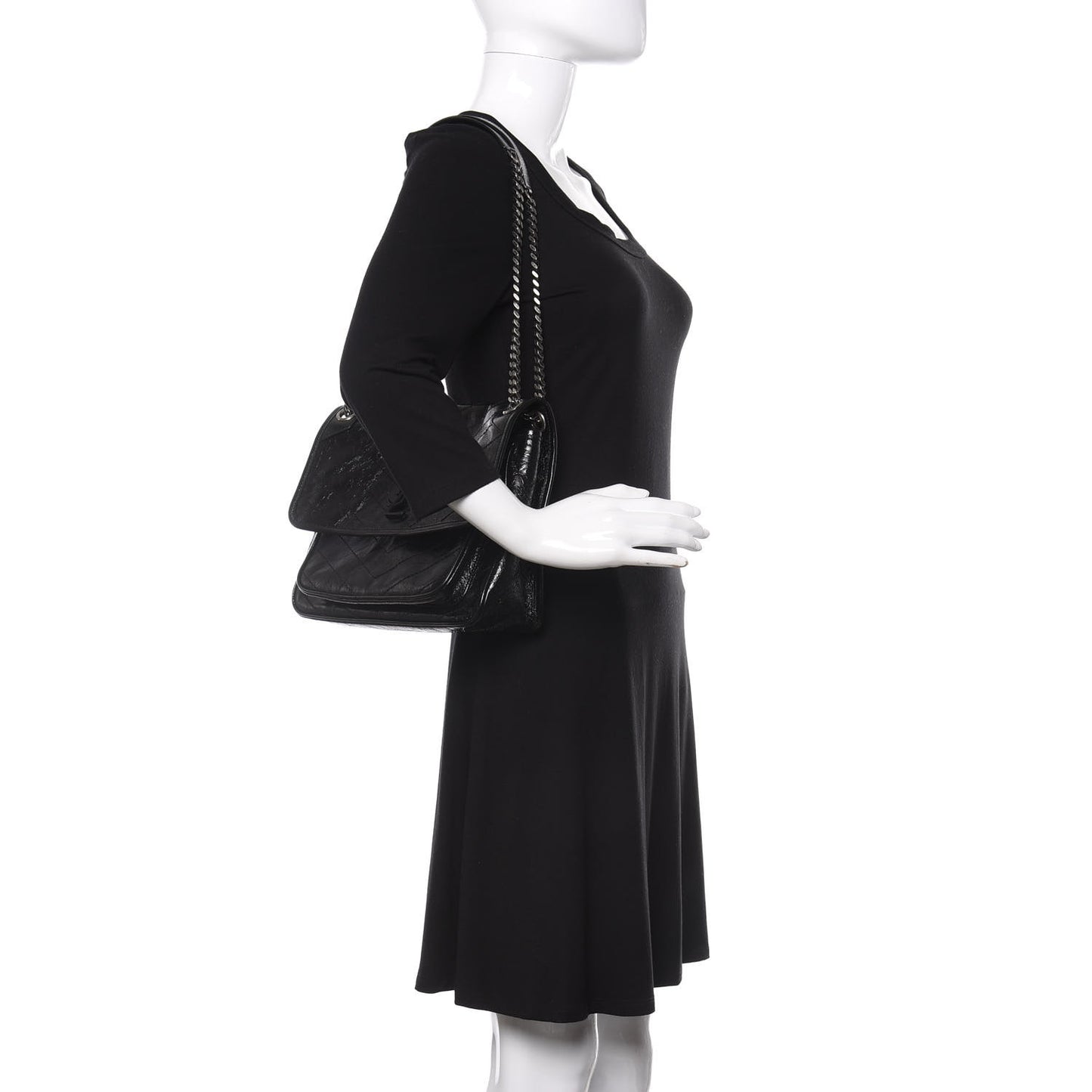 Crinkled Calfskin Matelasse Monogram Medium Niki Chain Satchel Black