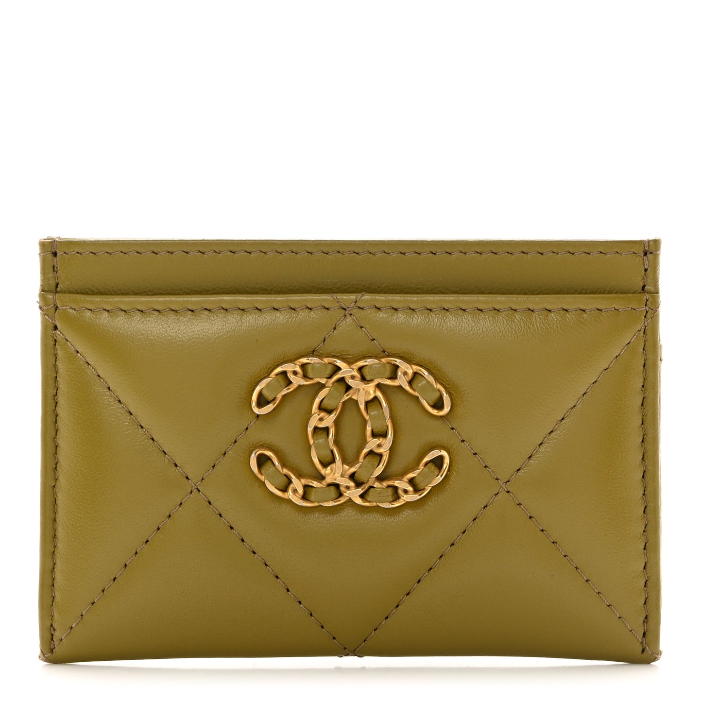 Shiny Lambskin Quilted Chanel 19 Card Holder Green