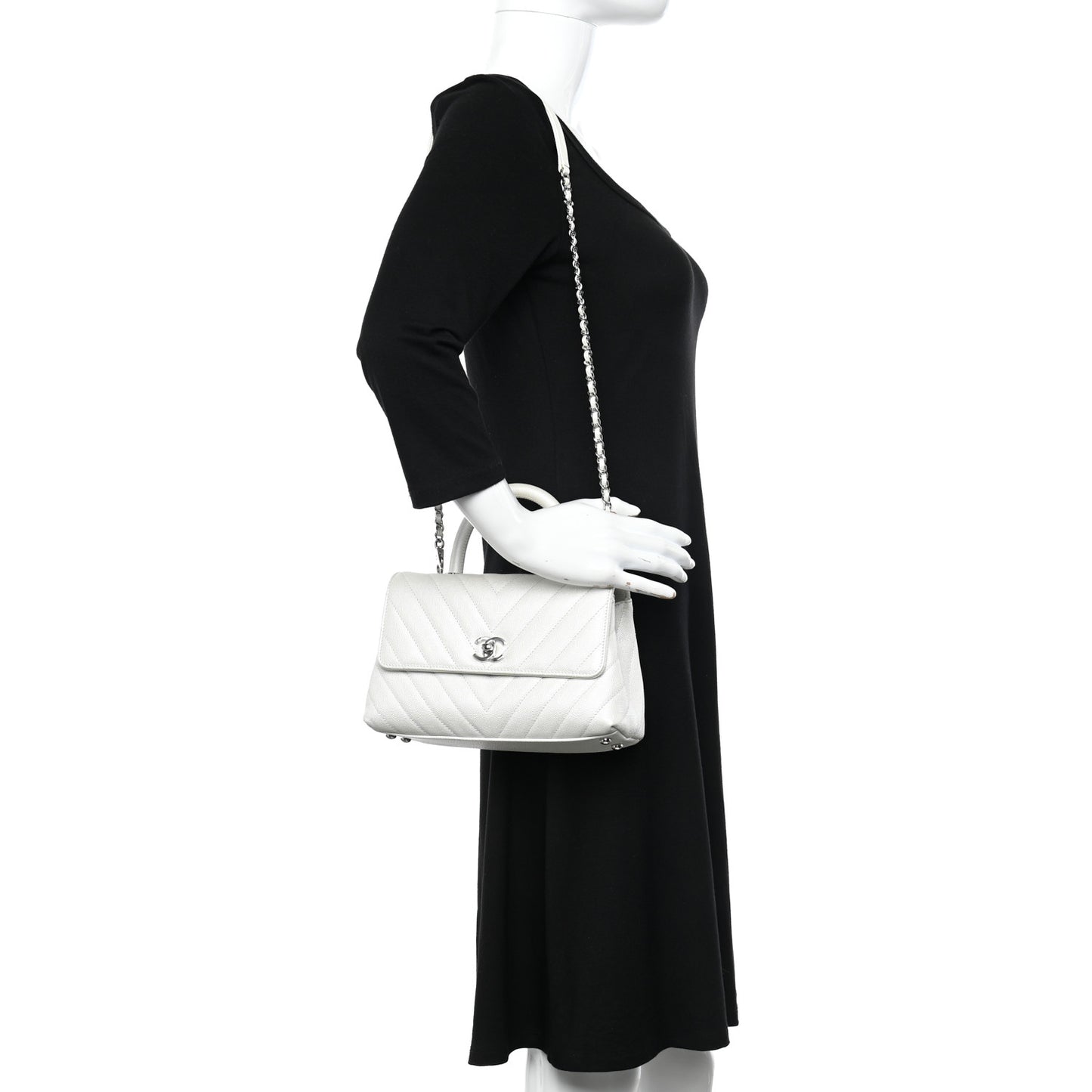 Iridescent Caviar Chevron Quilted Mini Coco Handle Flap White