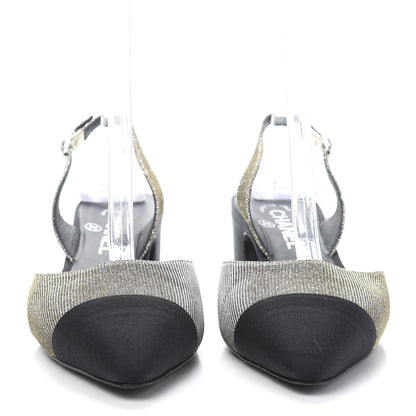 Chanel Glitter Grosgrain Cap Toe CC Slingback Pumps 40 Silver Black 2 of 10