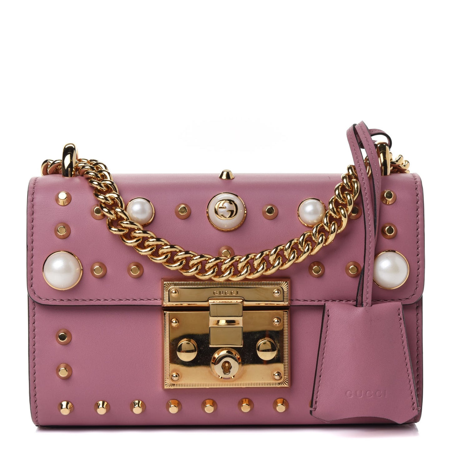 Calfskin Studded Small Padlock Shoulder Bag Carmine Rose