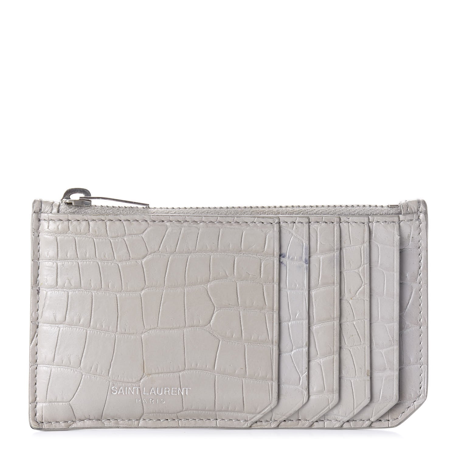 Saint Laurent Calfskin Crocodile Embossed 5 Fragments Zip Pouch Card Holder Mouse Grey 1 of 10