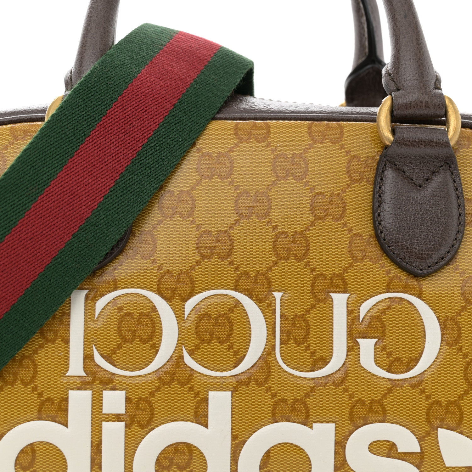 Gucci X ADIDAS Crystal Vintage Monogram Textured Dollar Calfskin Web Trefoil Logo Mini Bowling Bag Mid Natural Nut Off White New Acero 8 of 10